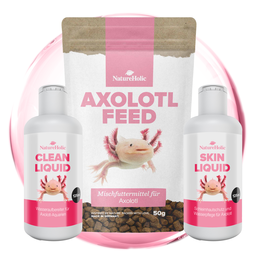 NatureHolic Axolotl Pflege-Set - Wasserpflege, Schleimhautschutz & Spezialfutter